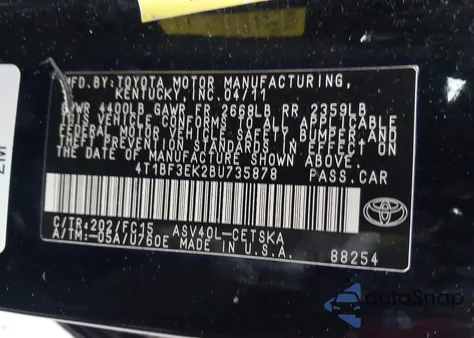 2011 Toyota Camry Se из США, поврежденный, VIN 4T1BF3EK2BU735878